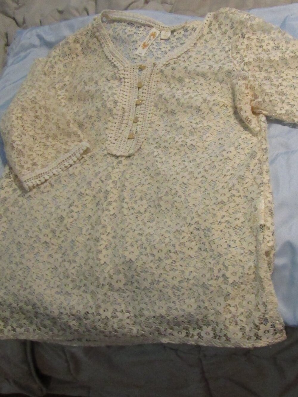 ADIVA All Floral LACE Beige Cream Colored Womans LARGE Diva BLOUSE Beach Coverup